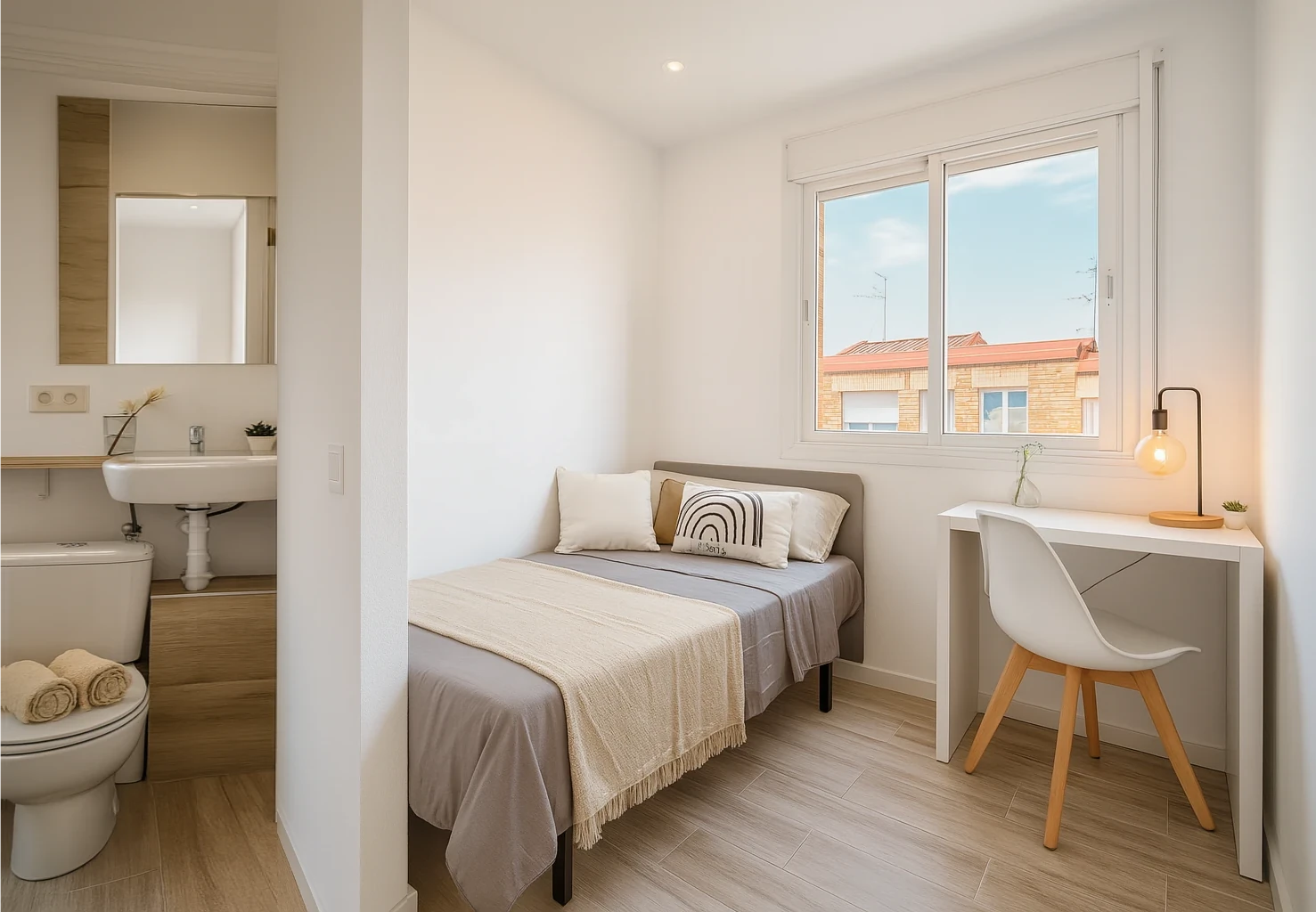 Habitación con baño privado con Cama grande 110cm y baño privado en Sabadell - Ref. Baño privado y tren directo a la UAB – Tu nueva base en Sabadell