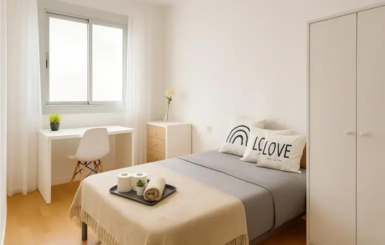 Ruhiger Raum mit halbprivatem Bad und Doppelbett – ideal, wenn du Ruhe schätzt