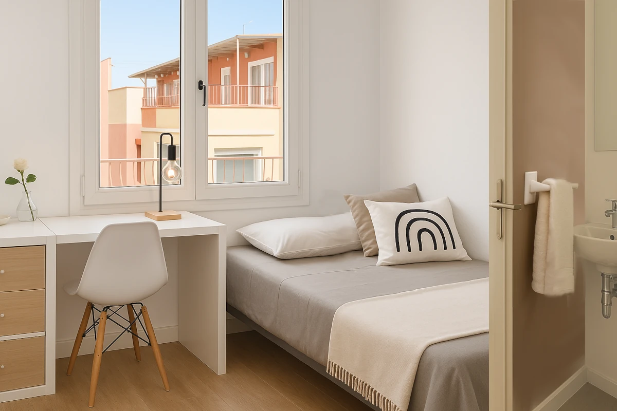 Habitación con baño privado con Cama de matrimonio y baño privado en Sabadell - Ref. Habitación con baño privado en piso premium – estudia, descansa y repite